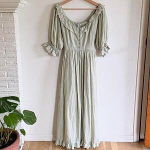 Kara Thoms Green Maxi Dress Lace Trim and Tie Waist Size Large 100% Cotton